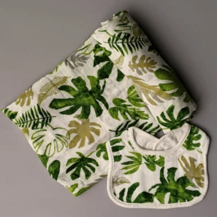 Leaf Print Muslin Wrap & Bib Set